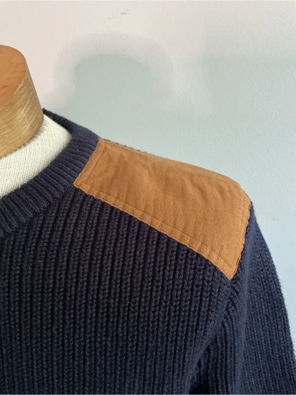 J. Crew Woodsman Navy Crewneck Sweater with Tan Shoulder Patches